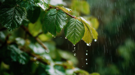 Close-up of vibrant green leaves with raindrops dripping off their edges, set against a blurred background of falling rain.の素材