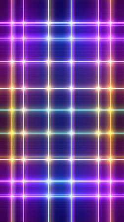 A glowing grid of intersecting neon lines in blue, purple, and yellow hues, creating a dynamic, futuristic pattern against a dark background.の素材
