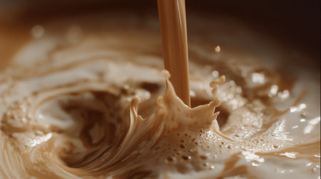 A stream of creamy liquid swirls into a rich coffee mixture, creating dynamic splashes and bubbles.の素材