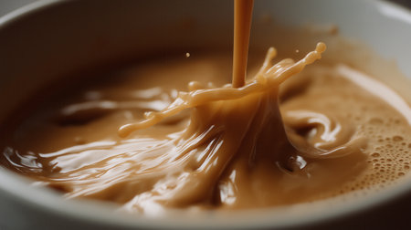 A close-up of coffee being poured into a cup, creating a dynamic splash and ripples on the surface.の素材