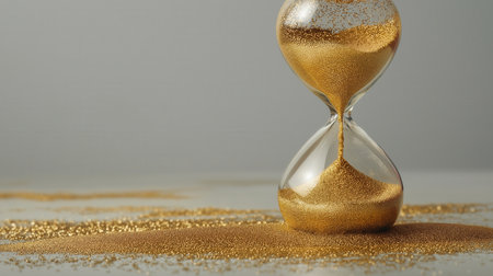 A glass hourglass with golden sand flowing through it, spilling onto a smooth surface, symbolizing the passage of time.の素材