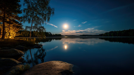 A tranquil lake reflects the full moon and scattered clouds. Trees and rocks frame the scene, with a warm light illuminating the foreground.の素材