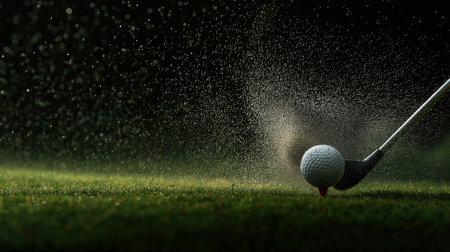 A golf club strikes a ball on a tee, sending a spray of grass and dirt into the air, captured in dramatic lighting.の素材