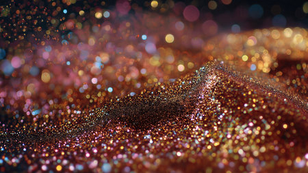 A mesmerizing close-up of shimmering glitter with vibrant bokeh lights, creating a dreamy, colorful atmosphere.の素材