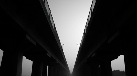 A black and white image of two parallel bridges creating a symmetrical V-shape against a bright sky.の素材