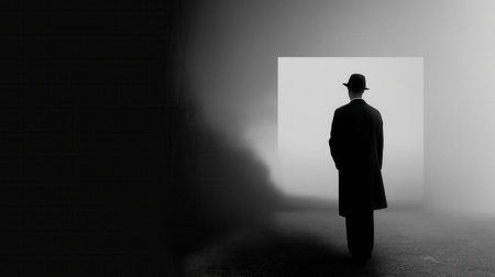 A silhouette of a person in a hat and coat stands in a foggy, dimly lit passage, facing a bright square opening.の素材