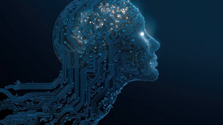 A side profile of a human head composed of intricate blue circuitry, glowing with light, symbolizing the fusion of technology and human thought.の素材