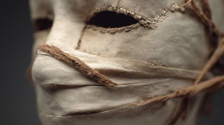 A detailed close-up of a fabric mask with frayed edges and visible stitching, creating an aged appearance.の素材