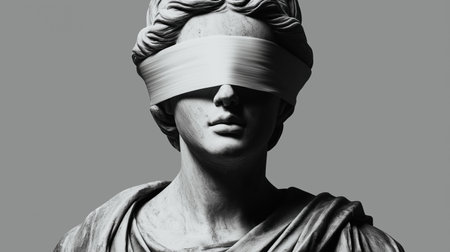 A marble statue bust with a blindfold covering the eyes. The sculpture features detailed hair and drapery, set against a plain background.の素材