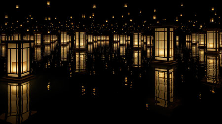 Numerous glowing lanterns float on a dark, reflective water surface, creating a serene and magical atmosphere.の素材