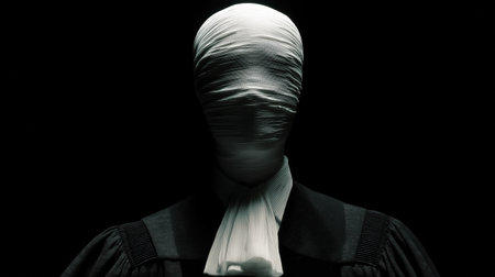 A figure with a head wrapped in white fabric stands against a dark background, wearing a formal black robe and white collar, creating an enigmatic and eerie atmosphere.の素材