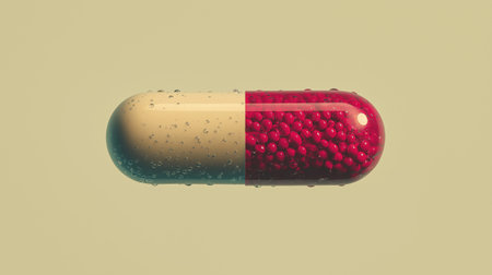 A large capsule with one beige half and one red half filled with small red spheres, set against a plain background.の素材