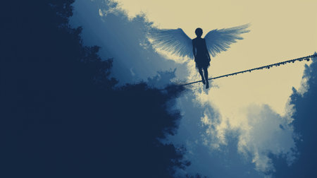 A silhouette of a winged figure balances on a rope against a dramatic sky, blending light and dark tones.の素材