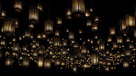 Numerous glowing lanterns hang against a dark background, creating a warm, enchanting atmosphere.の素材
