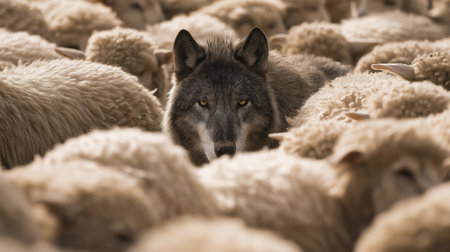 A wolf peers through a dense flock of sheep, its eyes focused and alert, contrasting with the woolly surroundings.の素材