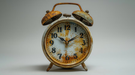 A weathered, rusty alarm clock with a classic design, showing signs of age and wear, set against a neutral background.の素材