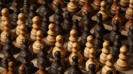 A close-up view of numerous wooden chess pawns arranged in a grid pattern, showcasing their intricate textures and varying shades of brown.の素材