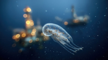 A translucent jellyfish floats in the deep blue sea, with blurred oil rigs and glowing lights in the background.の素材