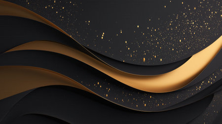 Abstract design with flowing black and gold waves, adorned with scattered gold specks, creating a luxurious and dynamic visual.の素材