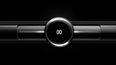 A sleek, black digital interface with a central circular display showing 00. The design is minimalistic and modern, with reflective surfaces and a glowing outline.の素材