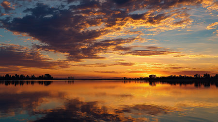 A stunning sunset reflects on a calm lake, with vibrant orange and blue hues in the sky and silhouetted trees on the horizon.の素材