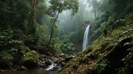 A tranquil waterfall cascades in a lush, misty jungle. Dense foliage and moss-covered rocks surround the scene, creating a serene, natural atmosphere.の素材