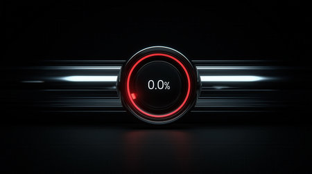 A sleek, circular loading indicator displays 0.0 in the center, surrounded by a glowing red ring against a dark background.の素材