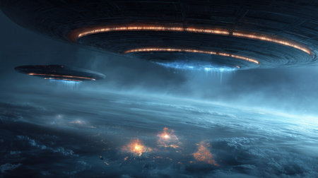 Two enormous UFOs hover above a cloud-covered Earth, emitting blue and orange lights. Below, bright explosions illuminate the surface, creating a dramatic, otherworldly scene.の素材