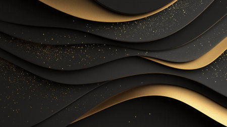 Curved black layers with shimmering gold accents create a luxurious abstract wave pattern, enhanced by scattered gold specks.の素材