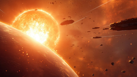 A vibrant cosmic scene with a glowing sun, a planets surface, and numerous asteroids floating in space.の素材
