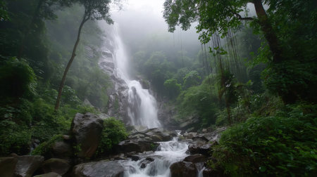 A cascading waterfall flows through a misty, dense forest. Lush greenery surrounds the rocky terrain, creating a serene and tranquil atmosphere.の素材