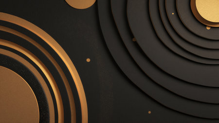 A sophisticated abstract design featuring layered black and gold concentric circles with a textured finish, creating a sense of depth and luxury.の素材