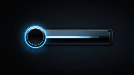 A sleek, glowing blue loading bar on a dark background, featuring a circular design on the left and a horizontal progress line extending to the right.の素材