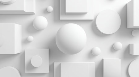 A collection of white geometric shapes, including spheres, cubes, and cylinders, arranged on a flat surface, creating a minimalist and abstract composition.の素材