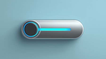 A sleek, metallic button with a glowing blue LED strip on a light blue background, exuding a modern, high-tech vibe.の素材
