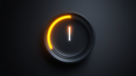 A circular power button glows with a bright orange arc and a white vertical line, set against a dark background.の素材