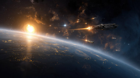 A fleet of spaceships travels through space towards a bright sun, with a planets illuminated surface below.の素材