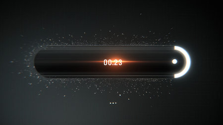 A sleek, glowing digital timer displays 00.23 on a dark background, surrounded by dynamic light particles.の素材