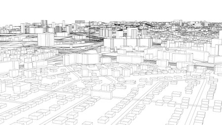 A detailed wireframe illustration of a sprawling cityscape, showcasing various building shapes and street layouts. Vector rendering of 3dのイラスト素材