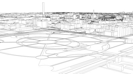 A detailed wireframe illustration of a futuristic cityscape with geometric buildings and circular patterns. Vector rendering of 3dのイラスト素材
