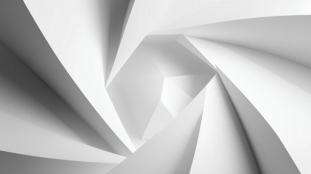 A dynamic composition of white geometric shapes creating a swirling, three-dimensional effect. The interplay of light and shadow enhances the abstract design.の素材