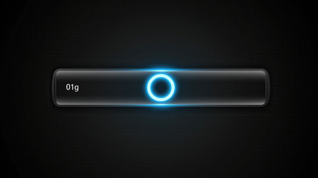 A sleek, dark interface with a glowing blue circle in the center and 01g text on the left.の素材