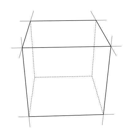 A cube is formed by intersecting lines, with solid and dashed lines creating a 3D illusion on a white background. Vectorのイラスト素材