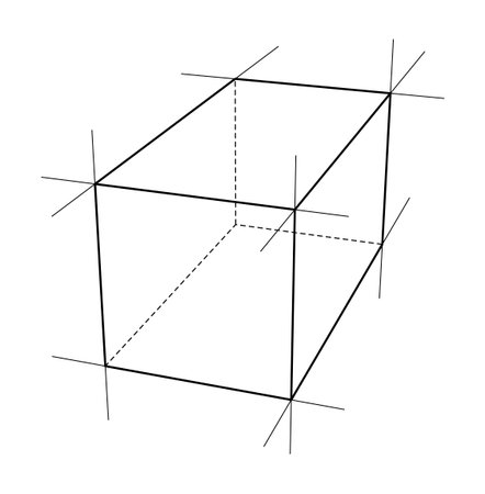 A wireframe cube with solid and dashed lines, extending beyond its edges, creating a 3D effect. Vectorのイラスト素材