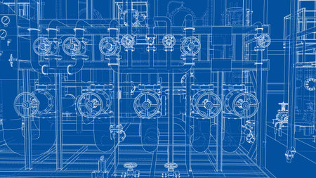 A complex industrial blueprint featuring detailed piping, valves, and mechanical components on a blue background. Vectorのイラスト素材