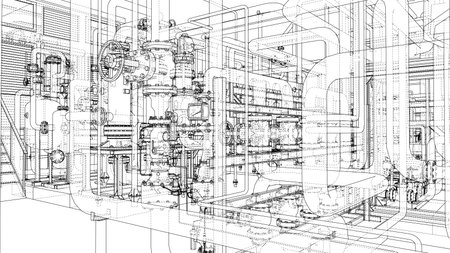 A detailed technical drawing of an industrial piping system, showcasing complex networks of pipes, valves, and machinery in a structured layout. Vectorのイラスト素材