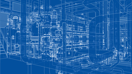Detailed blueprint of an industrial piping system with intricate valves and connections on a blue background. Vectorのイラスト素材