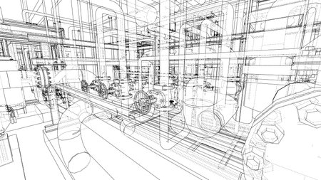 A detailed wireframe illustration of an intricate industrial pipe system, showcasing valves, flanges, and interconnected pipes. Vectorのイラスト素材