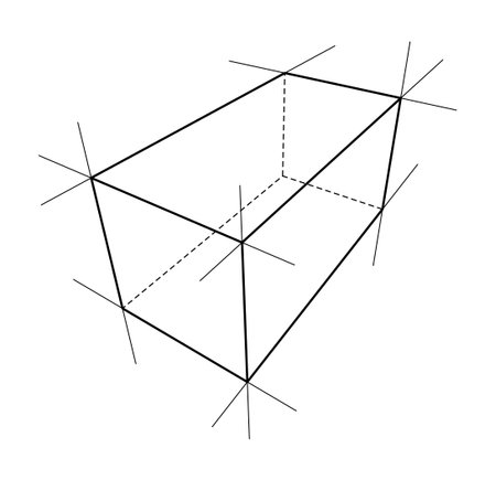 A 3D wireframe cube with solid and dashed lines, creating an optical illusion of depth and perspective.のイラスト素材