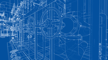 A detailed blueprint of an industrial piping system with valves and connectors, showcasing intricate engineering design. Vectorのイラスト素材